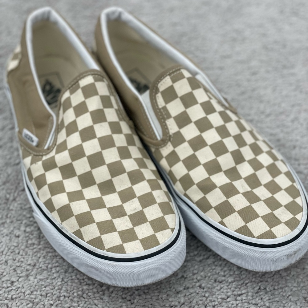 Vans tan and cream Checkerboard Slip-Ons 10.5